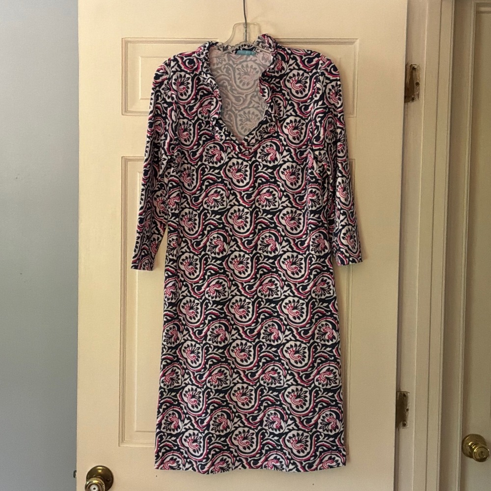 J. McLaughlin Agnetta Geoprint Catalina Cloth Dress Navy Blue Pink Preppy M